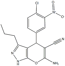 6-amino-4-{4-chloro-3-nitrophenyl}-3-propyl-1,4-dihydropyrano[2,3-c]pyrazole-5-carbonitrile Struktur