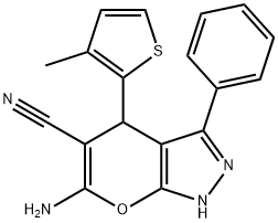 6-amino-4-(3-methyl-2-thienyl)-3-phenyl-1,4-dihydropyrano[2,3-c]pyrazole-5-carbonitrile Struktur