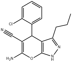 6-amino-4-(2-chlorophenyl)-3-propyl-1,4-dihydropyrano[2,3-c]pyrazole-5-carbonitrile Struktur