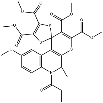 tetramethyl 9'-methoxy-5',5'-dimethyl-6'-propionyl-5',6'-dihydrospiro(1,3-dithiole-2,1'-[1'H]-thiopyrano[2,3-c]quinoline)-2',3',4,5-tetracarboxylate Struktur