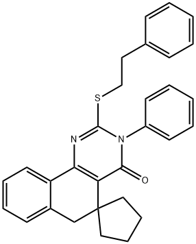 3-phenyl-2-[(2-phenylethyl)sulfanyl]-5,6-dihydrospiro(benzo[h]quinazoline-5,1'-cyclopentane)-4(3H)-one Struktur