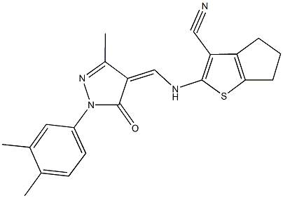 2-({[1-(3,4-dimethylphenyl)-3-methyl-5-oxo-1,5-dihydro-4H-pyrazol-4-ylidene]methyl}amino)-5,6-dihydro-4H-cyclopenta[b]thiophene-3-carbonitrile Struktur