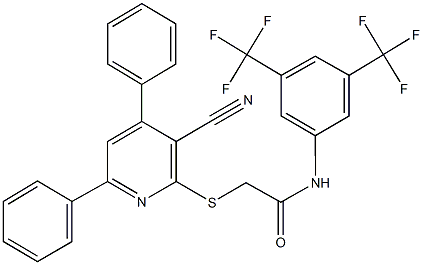 N-[3,5-bis(trifluoromethyl)phenyl]-2-[(3-cyano-4,6-diphenyl-2-pyridinyl)sulfanyl]acetamide Struktur