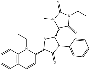 2-(1-ethyl-3-methyl-5-oxo-2-thioxo-4-imidazolidinylidene)-5-(1-ethyl-2(1H)-quinolinylidene)-3-phenyl-1,3-thiazolidin-4-one Struktur