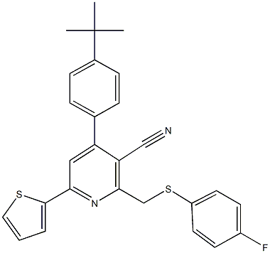 4-[4-(tert-butyl)phenyl]-2-{[(4-fluorophenyl)sulfanyl]methyl}-6-(2-thienyl)nicotinonitrile Struktur