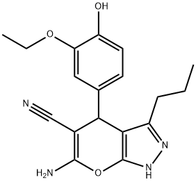 6-amino-4-(3-ethoxy-4-hydroxyphenyl)-3-propyl-1,4-dihydropyrano[2,3-c]pyrazole-5-carbonitrile Struktur