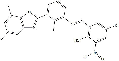 4-chloro-2-({[3-(5,7-dimethyl-1,3-benzoxazol-2-yl)-2-methylphenyl]imino}methyl)-6-nitrophenol Struktur