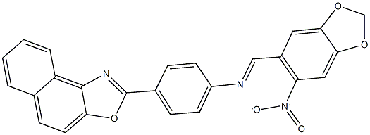 2-{4-[({6-nitro-1,3-benzodioxol-5-yl}methylene)amino]phenyl}naphtho[1,2-d][1,3]oxazole Struktur