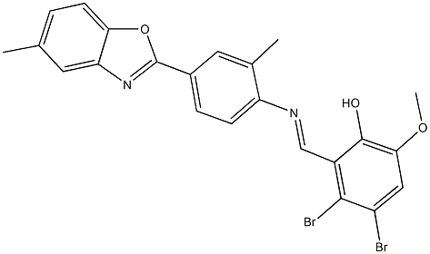 3,4-dibromo-6-methoxy-2-({[2-methyl-4-(5-methyl-1,3-benzoxazol-2-yl)phenyl]imino}methyl)phenol Struktur