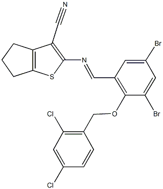 2-({3,5-dibromo-2-[(2,4-dichlorobenzyl)oxy]benzylidene}amino)-5,6-dihydro-4H-cyclopenta[b]thiophene-3-carbonitrile Struktur