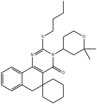 2-(butylsulfanyl)-3-(2,2-dimethyltetrahydro-2H-pyran-4-yl)-5,6-dihydrospiro(benzo[h]quinazoline-5,1'-cyclohexane)-4(3H)-one Struktur