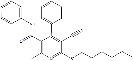 5-cyano-6-(hexylsulfanyl)-2-methyl-N,4-diphenylnicotinamide Struktur