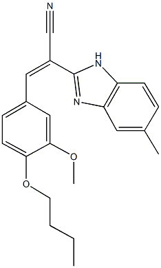 3-(4-butoxy-3-methoxyphenyl)-2-(5-methyl-1H-benzimidazol-2-yl)acrylonitrile Struktur