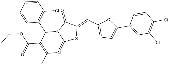 ethyl 5-(2-chlorophenyl)-2-{[5-(3,4-dichlorophenyl)-2-furyl]methylene}-7-methyl-3-oxo-2,3-dihydro-5H-[1,3]thiazolo[3,2-a]pyrimidine-6-carboxylate Struktur