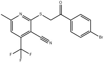 2-{[2-(4-bromophenyl)-2-oxoethyl]sulfanyl}-6-methyl-4-(trifluoromethyl)nicotinonitrile Struktur