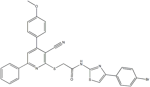 N-[4-(4-bromophenyl)-1,3-thiazol-2-yl]-2-{[3-cyano-4-(4-methoxyphenyl)-6-phenyl-2-pyridinyl]sulfanyl}acetamide Struktur