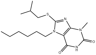 7-hexyl-8-(isobutylsulfanyl)-3-methyl-3,7-dihydro-1H-purine-2,6-dione Struktur