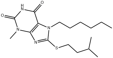 7-hexyl-8-(isopentylsulfanyl)-3-methyl-3,7-dihydro-1H-purine-2,6-dione Struktur