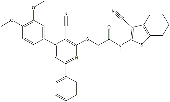 2-{[3-cyano-4-(3,4-dimethoxyphenyl)-6-phenyl-2-pyridinyl]sulfanyl}-N-(3-cyano-4,5,6,7-tetrahydro-1-benzothiophen-2-yl)acetamide Struktur