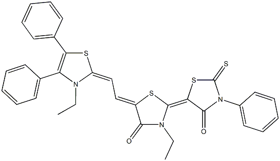 3-ethyl-5-[2-(3-ethyl-4,5-diphenyl-1,3-thiazol-2(3H)-ylidene)ethylidene]-3'-phenyl-2'-thioxo-2,5'-bis[1,3-thiazolidin-2-ylidene]-4,4'-dione Struktur