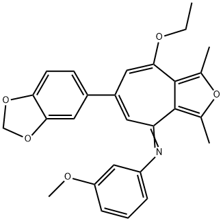 N-[6-(1,3-benzodioxol-5-yl)-8-ethoxy-1,3-dimethyl-4H-cyclohepta[c]furan-4-ylidene]-N-(3-methoxyphenyl)amine Struktur