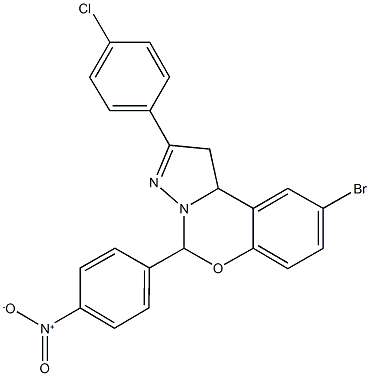 9-bromo-2-(4-chlorophenyl)-5-{4-nitrophenyl}-1,10b-dihydropyrazolo[1,5-c][1,3]benzoxazine Struktur