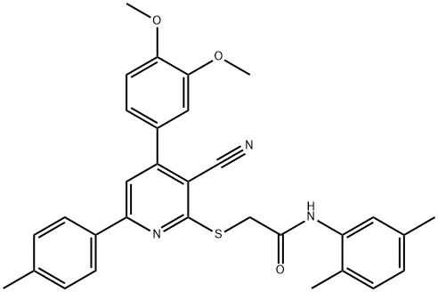 2-{[3-cyano-4-(3,4-dimethoxyphenyl)-6-(4-methylphenyl)-2-pyridinyl]sulfanyl}-N-(2,5-dimethylphenyl)acetamide Struktur