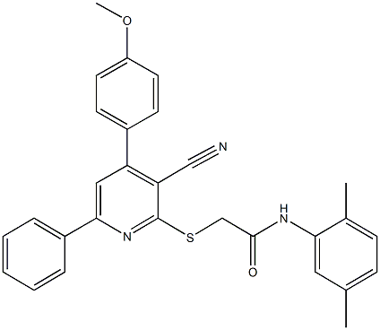 2-{[3-cyano-4-(4-methoxyphenyl)-6-phenyl-2-pyridinyl]sulfanyl}-N-(2,5-dimethylphenyl)acetamide Struktur