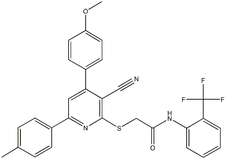 2-{[3-cyano-4-(4-methoxyphenyl)-6-(4-methylphenyl)-2-pyridinyl]sulfanyl}-N-[2-(trifluoromethyl)phenyl]acetamide Struktur