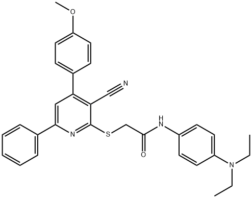 2-{[3-cyano-4-(4-methoxyphenyl)-6-phenyl-2-pyridinyl]sulfanyl}-N-[4-(diethylamino)phenyl]acetamide Struktur