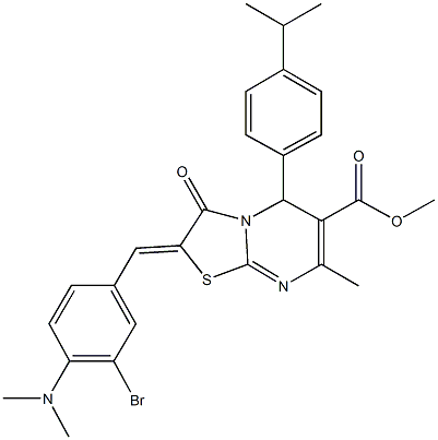 methyl 2-[3-bromo-4-(dimethylamino)benzylidene]-5-(4-isopropylphenyl)-7-methyl-3-oxo-2,3-dihydro-5H-[1,3]thiazolo[3,2-a]pyrimidine-6-carboxylate Struktur