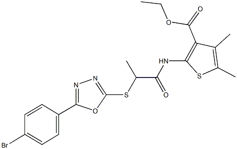 ethyl 2-[(2-{[5-(4-bromophenyl)-1,3,4-oxadiazol-2-yl]sulfanyl}propanoyl)amino]-4,5-dimethyl-3-thiophenecarboxylate Struktur