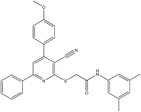 2-{[3-cyano-4-(4-methoxyphenyl)-6-phenyl-2-pyridinyl]sulfanyl}-N-(3,5-dimethylphenyl)acetamide Struktur