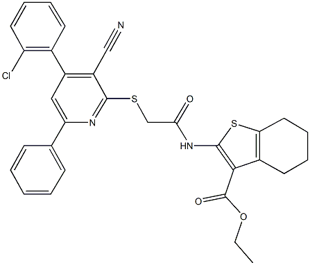 ethyl 2-[({[4-(2-chlorophenyl)-3-cyano-6-phenyl-2-pyridinyl]sulfanyl}acetyl)amino]-4,5,6,7-tetrahydro-1-benzothiophene-3-carboxylate Struktur