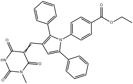 ethyl 4-{3-[(1-methyl-2,4,6-trioxotetrahydro-5(2H)-pyrimidinylidene)methyl]-2,5-diphenyl-1H-pyrrol-1-yl}benzoate Struktur