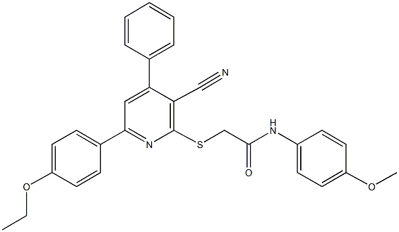 2-{[3-cyano-6-(4-ethoxyphenyl)-4-phenyl-2-pyridinyl]sulfanyl}-N-(4-methoxyphenyl)acetamide Struktur