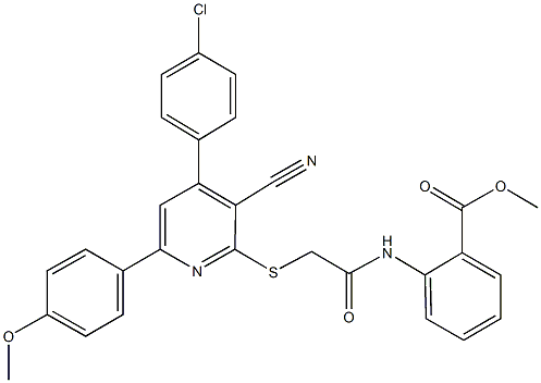 methyl 2-[({[4-(4-chlorophenyl)-3-cyano-6-(4-methoxyphenyl)-2-pyridinyl]sulfanyl}acetyl)amino]benzoate Struktur