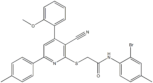 N-(2-bromo-4-methylphenyl)-2-{[3-cyano-4-(2-methoxyphenyl)-6-(4-methylphenyl)-2-pyridinyl]sulfanyl}acetamide Struktur