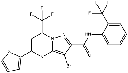 3-bromo-5-(2-thienyl)-7-(trifluoromethyl)-N-[2-(trifluoromethyl)phenyl]-4,5,6,7-tetrahydropyrazolo[1,5-a]pyrimidine-2-carboxamide Struktur