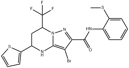 3-bromo-N-[2-(methylsulfanyl)phenyl]-5-(2-thienyl)-7-(trifluoromethyl)-4,5,6,7-tetrahydropyrazolo[1,5-a]pyrimidine-2-carboxamide Struktur