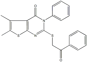 5,6-dimethyl-2-[(2-oxo-2-phenylethyl)sulfanyl]-3-phenylthieno[2,3-d]pyrimidin-4(3H)-one Struktur