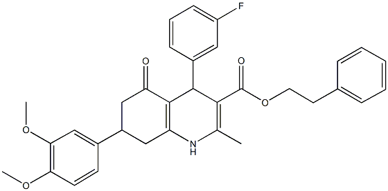 2-phenylethyl 7-(3,4-dimethoxyphenyl)-4-(3-fluorophenyl)-2-methyl-5-oxo-1,4,5,6,7,8-hexahydro-3-quinolinecarboxylate Struktur