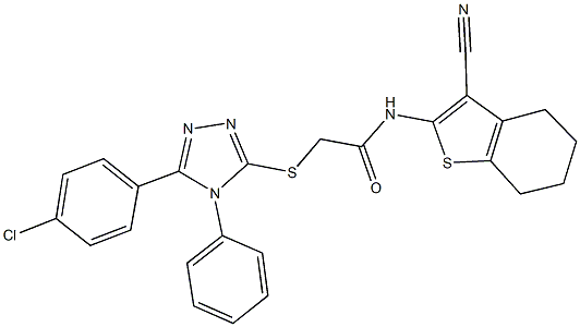 2-{[5-(4-chlorophenyl)-4-phenyl-4H-1,2,4-triazol-3-yl]sulfanyl}-N-(3-cyano-4,5,6,7-tetrahydro-1-benzothien-2-yl)acetamide Struktur