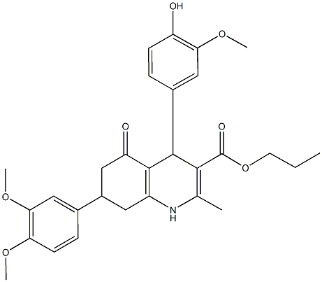 propyl 7-(3,4-dimethoxyphenyl)-4-(4-hydroxy-3-methoxyphenyl)-2-methyl-5-oxo-1,4,5,6,7,8-hexahydro-3-quinolinecarboxylate Struktur