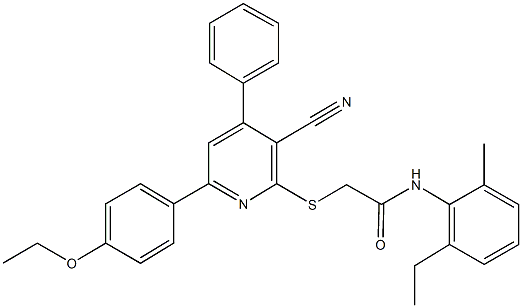 2-{[3-cyano-6-(4-ethoxyphenyl)-4-phenyl-2-pyridinyl]sulfanyl}-N-(2-ethyl-6-methylphenyl)acetamide Struktur