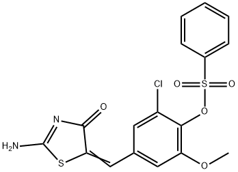 2-chloro-4-[(2-imino-4-oxo-1,3-thiazolidin-5-ylidene)methyl]-6-methoxyphenyl benzenesulfonate Struktur