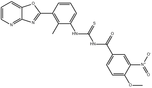 N-{3-nitro-4-methoxybenzoyl}-N'-(2-methyl-3-[1,3]oxazolo[4,5-b]pyridin-2-ylphenyl)thiourea Struktur