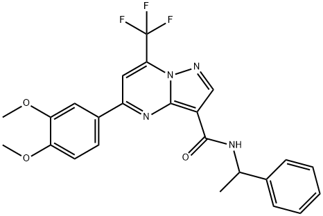 5-(3,4-dimethoxyphenyl)-N-(1-phenylethyl)-7-(trifluoromethyl)pyrazolo[1,5-a]pyrimidine-3-carboxamide Struktur