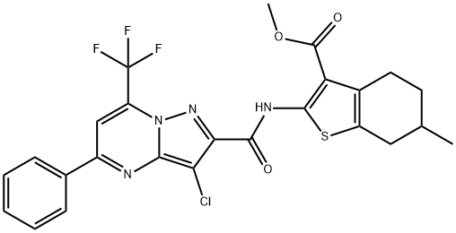 methyl 2-({[3-chloro-5-phenyl-7-(trifluoromethyl)pyrazolo[1,5-a]pyrimidin-2-yl]carbonyl}amino)-6-methyl-4,5,6,7-tetrahydro-1-benzothiophene-3-carboxylate Struktur