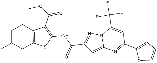 methyl 2-({[5-(2-furyl)-7-(trifluoromethyl)pyrazolo[1,5-a]pyrimidin-2-yl]carbonyl}amino)-6-methyl-4,5,6,7-tetrahydro-1-benzothiophene-3-carboxylate Struktur